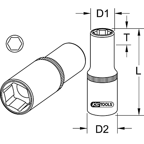 Grafische Darstellung eines KS TOOLS Steckschlüsseleinsatzes, in verschiedenen Perspektiven gezeigt. Maße: D1, D2, T und L.